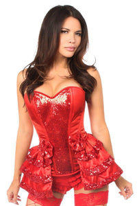 Daisy Corsets Top Drawer Red Satin & Sequin Steel Boned Corset w/Removable Snap Skirt in Red  from SexyShoes.com