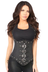 Daisy Corsets Top Drawer Steel Boned Pinstripe Underbust Corset w/Buckling in Black  from SexyShoes.com