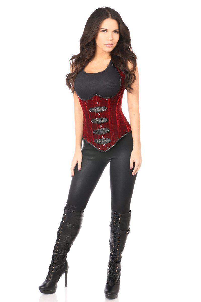 Daisy Corsets Top Drawer Steel Boned Red Velvet Underbust Corset w/Buckling in Red 