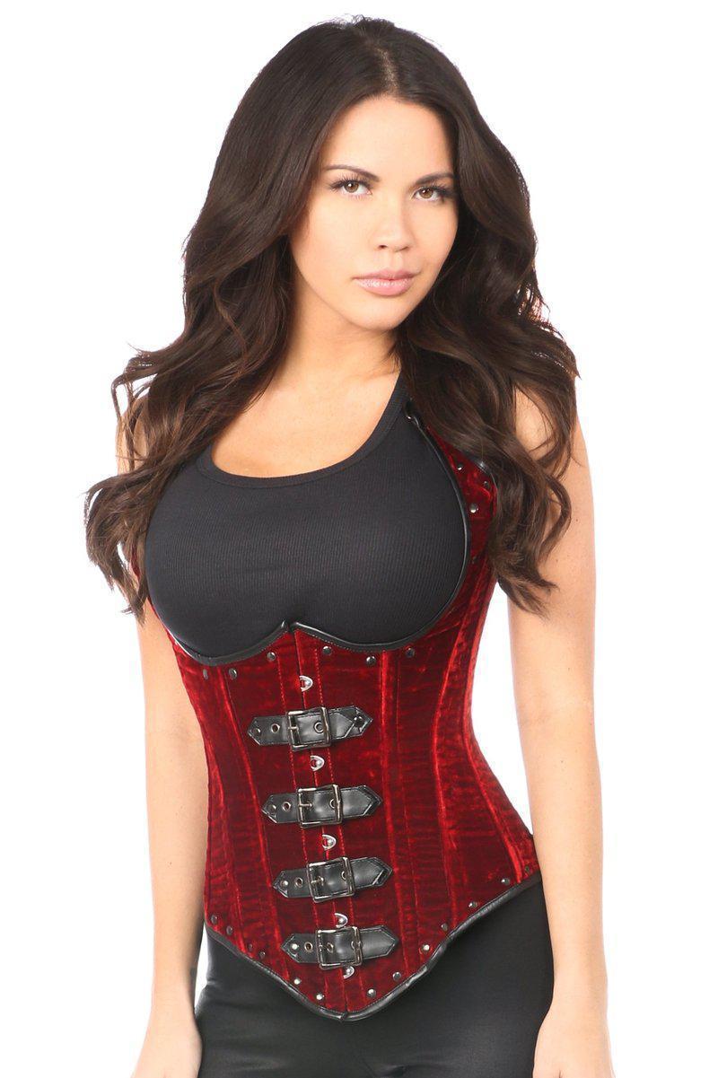 Daisy Corsets Top Drawer Steel Boned Red Velvet Underbust Corset w/Buckling in Red  from SexyShoes.com