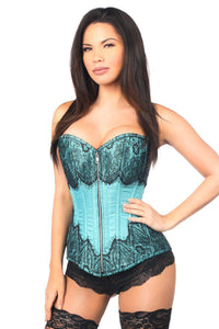 Daisy Corsets Top Drawer Teal Brocade Steel Boned Corset w/Black Eyelash Lace in Turquoise  from SexyShoes.com