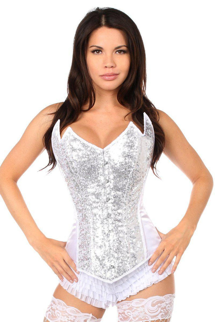 Top Drawer White/Silver Sequin Pointed Top Steel Boned Corset-Daisy Corsets-SEXYSHOES.COM