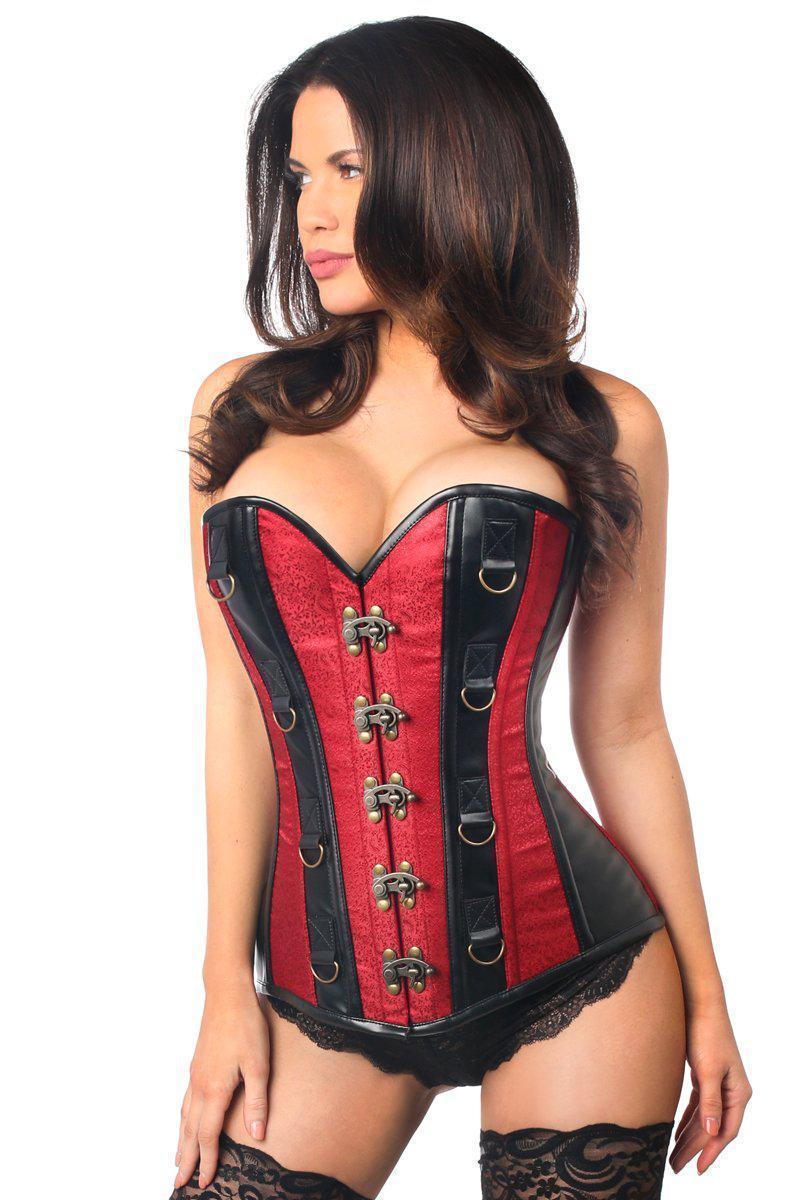 Top Drawer Wine Brocade & Faux Leather Steel Boned Corset-Daisy Corsets-SEXYSHOES.COM