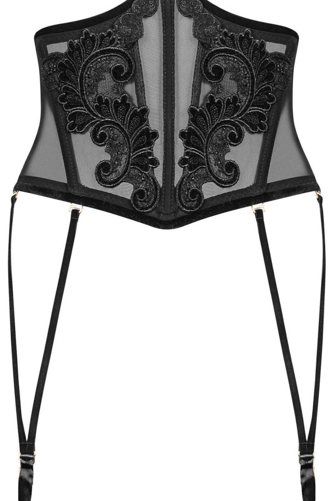 Noir Handmade Tulle Embroidered Underbust Corset with Suspender Belt in Black 