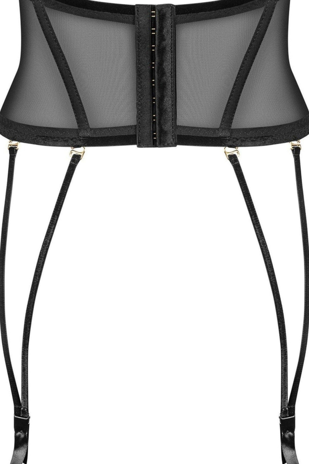 Noir Handmade Tulle Embroidered Underbust Corset with Suspender Belt in Black 