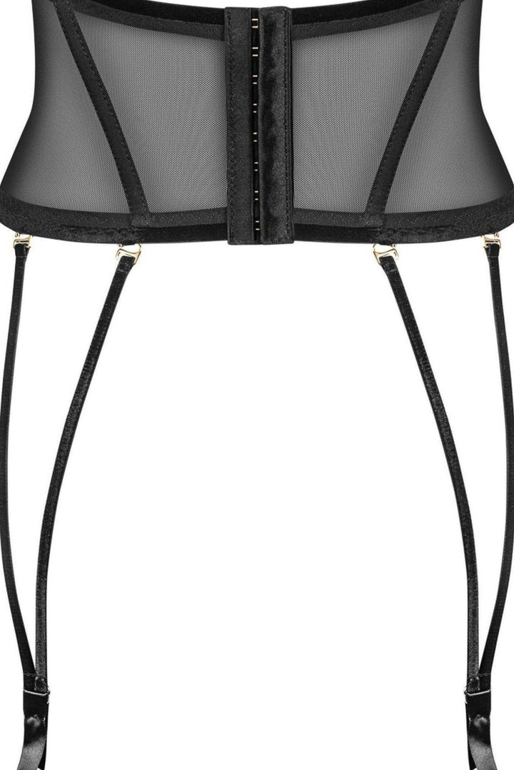 Noir Handmade Tulle Embroidered Underbust Corset with Suspender Belt in Black 