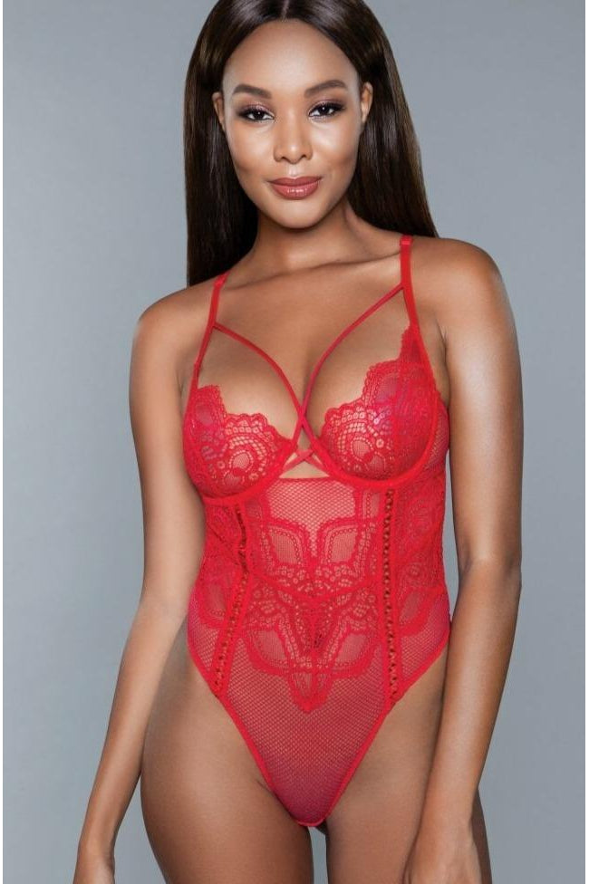 Underwire Lace Bodysuit-Bodysuits-BeWicked-Red-S-SEXYSHOES.COM