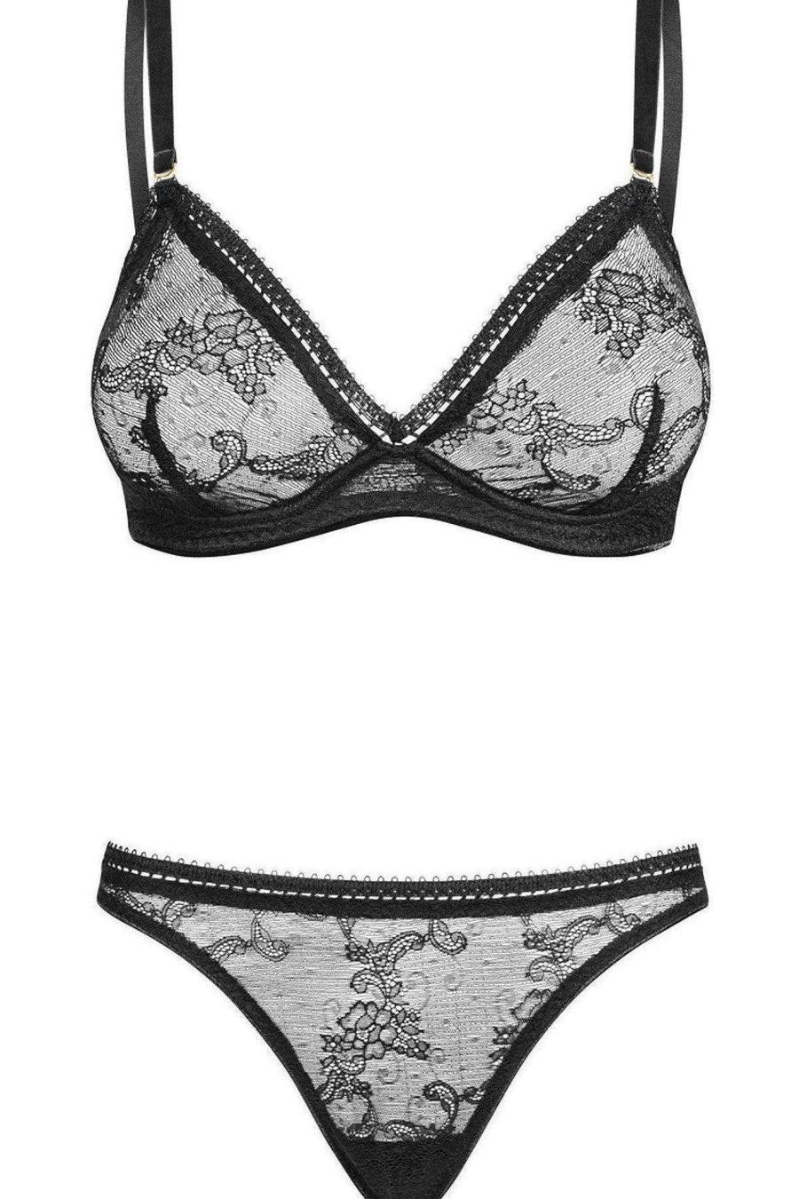 Noir Handmade Underwire Lace Bra and Thong Set in Black 