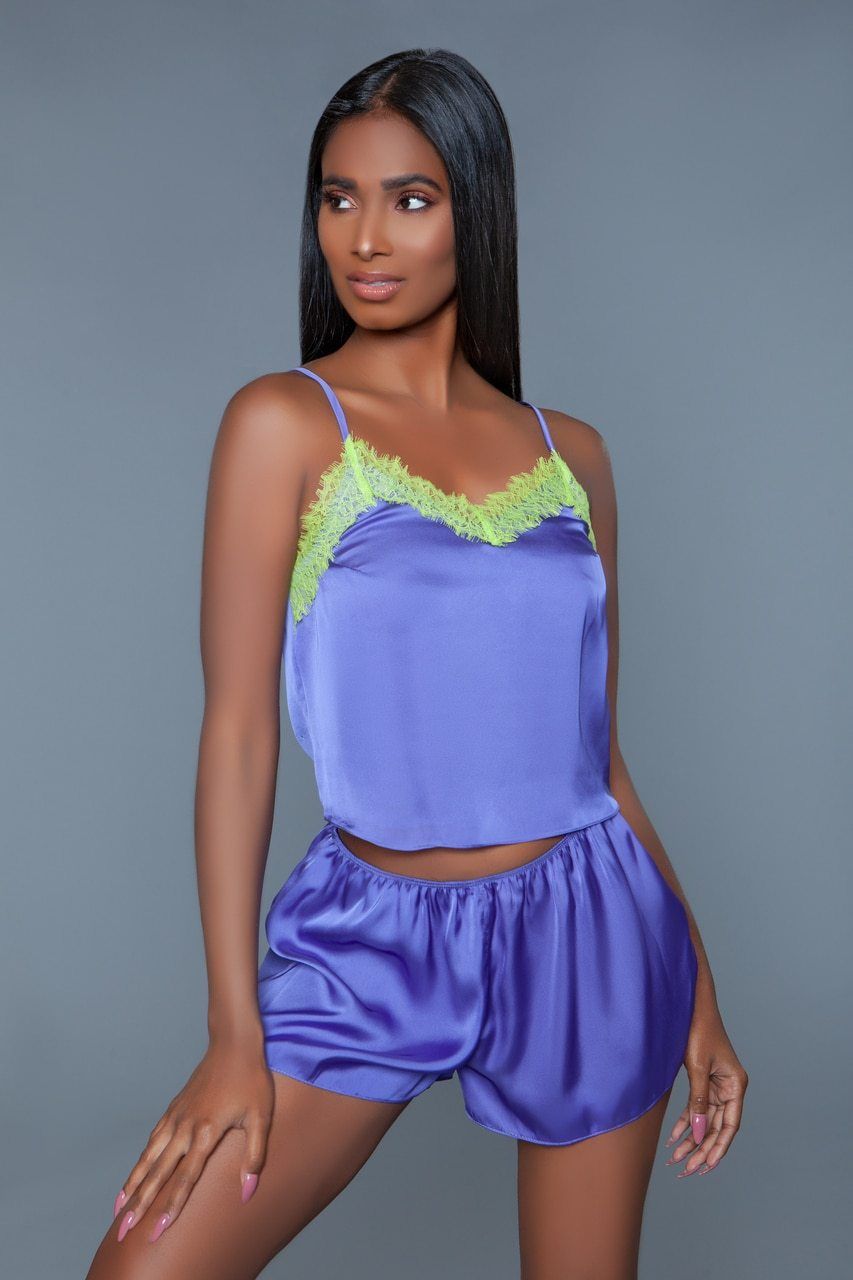 BeWicked V Neck Satin Sleepwear Set in Purple 