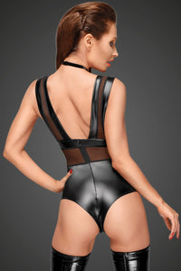 Noir Handmade Velvet Choker & Tulled insert Bodysuit in Black Wetlook