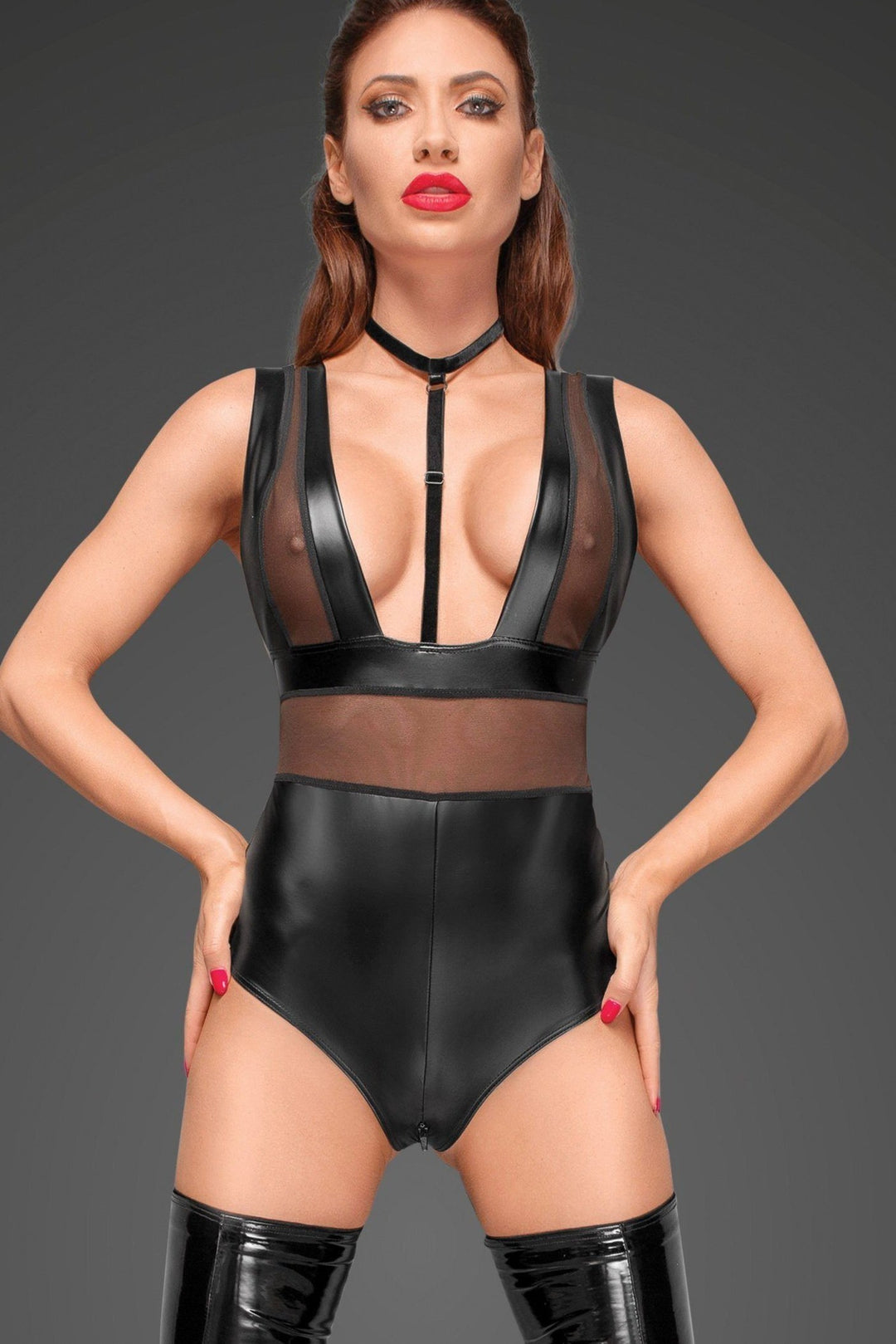 Velvet Choker & Tulled insert Bodysuit-Noir Handmade-SEXYSHOES.COM