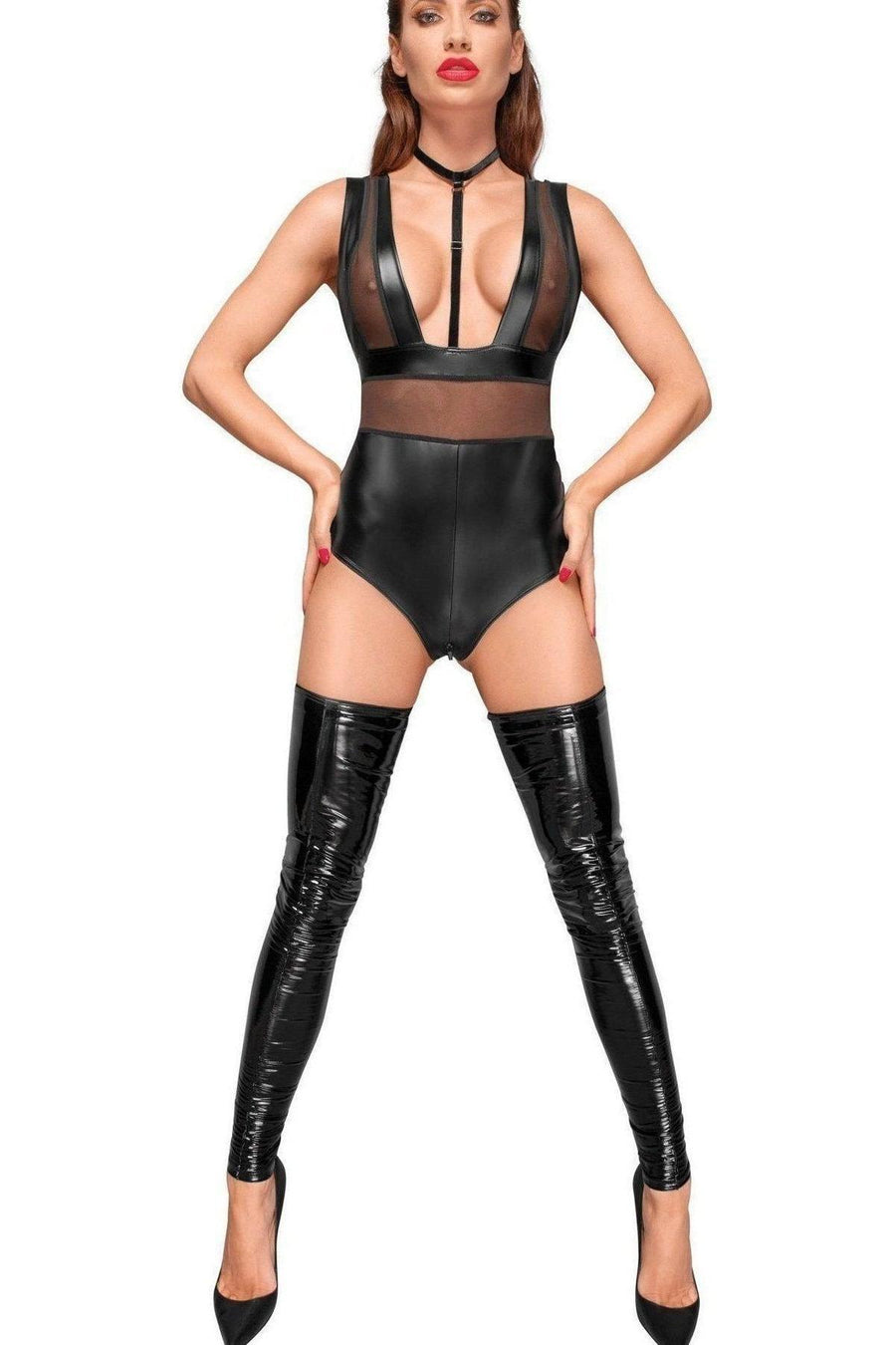 Noir Handmade Velvet Choker & Tulled insert Bodysuit in Black Wetlook