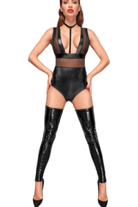 Noir Handmade Velvet Choker & Tulled insert Bodysuit in Black Wetlook