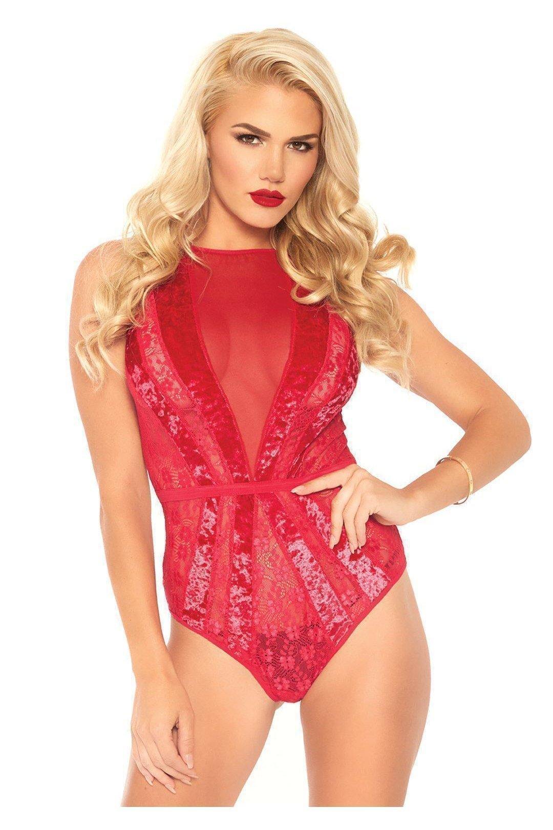 Leg Avenue Velvet Floral Lace Starburst Teddy With Snap Crotch in Red  from SexyShoes.com