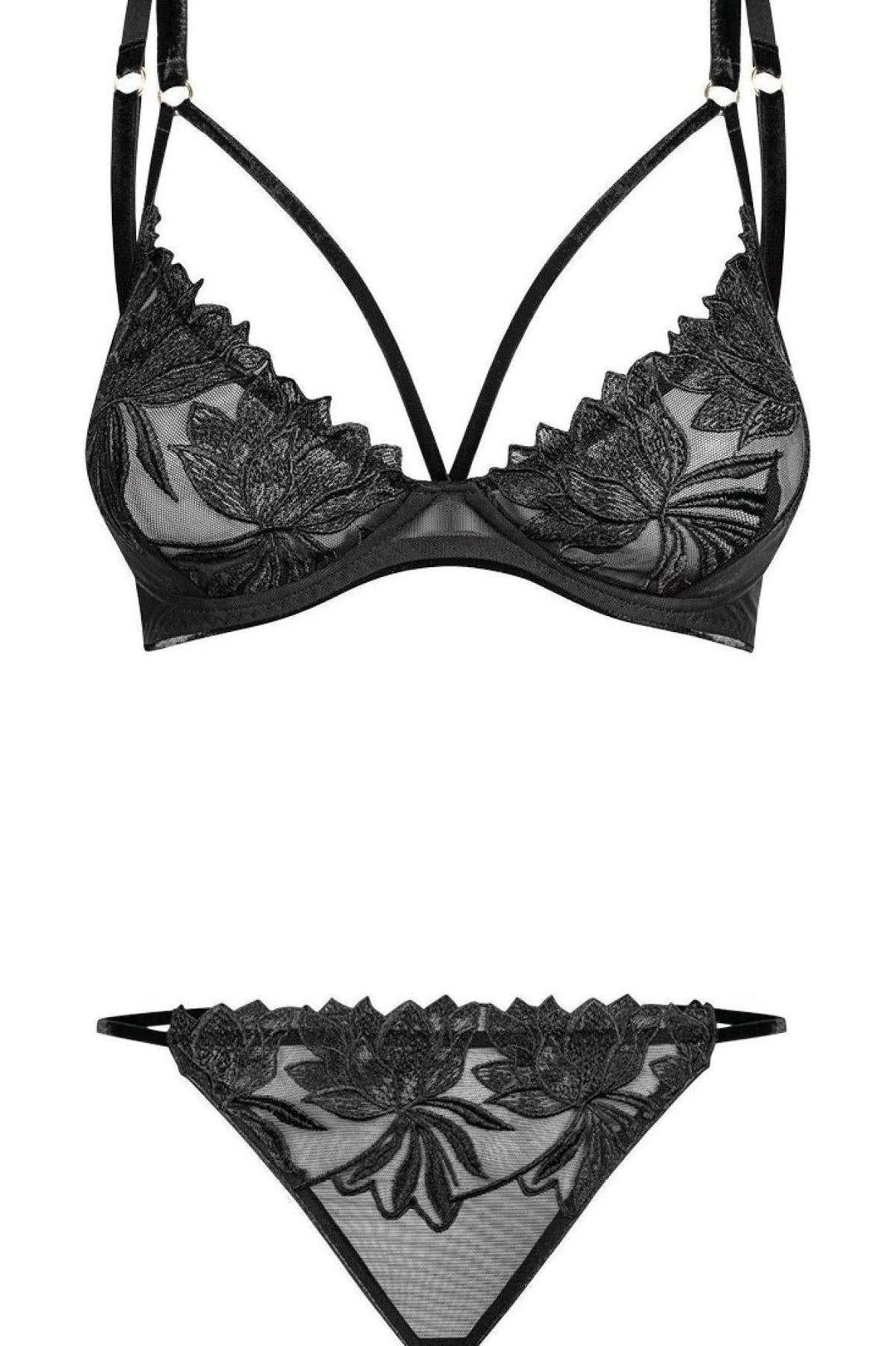 Noir Handmade Velvet Trimmed Plunging Tulle Bra and Panty Set in Black 