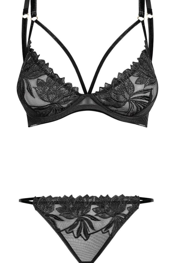 Noir Handmade Velvet Trimmed Plunging Tulle Bra and Panty Set in Black 