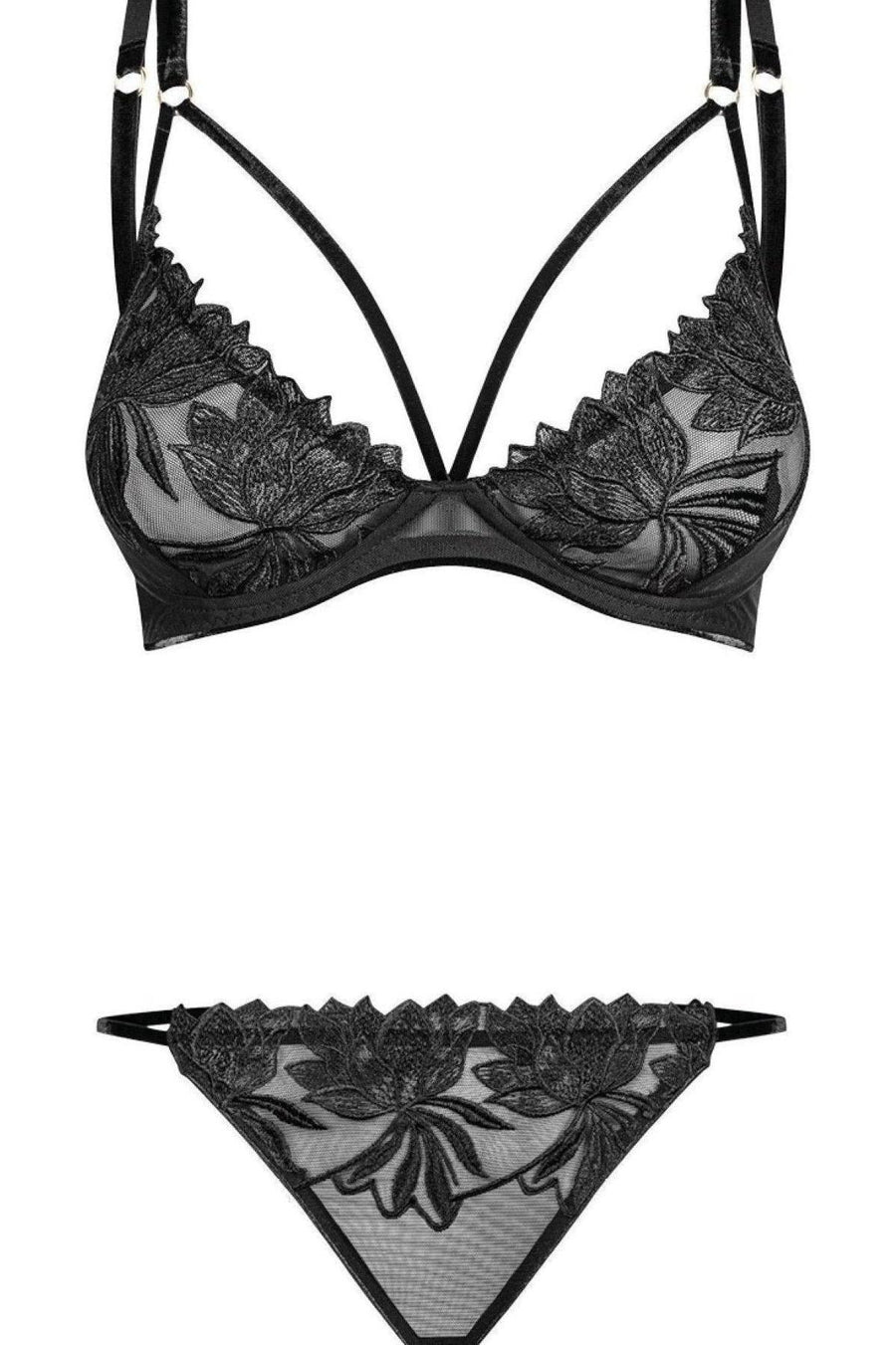 Noir Handmade Velvet Trimmed Plunging Tulle Bra and Panty Set in Black 