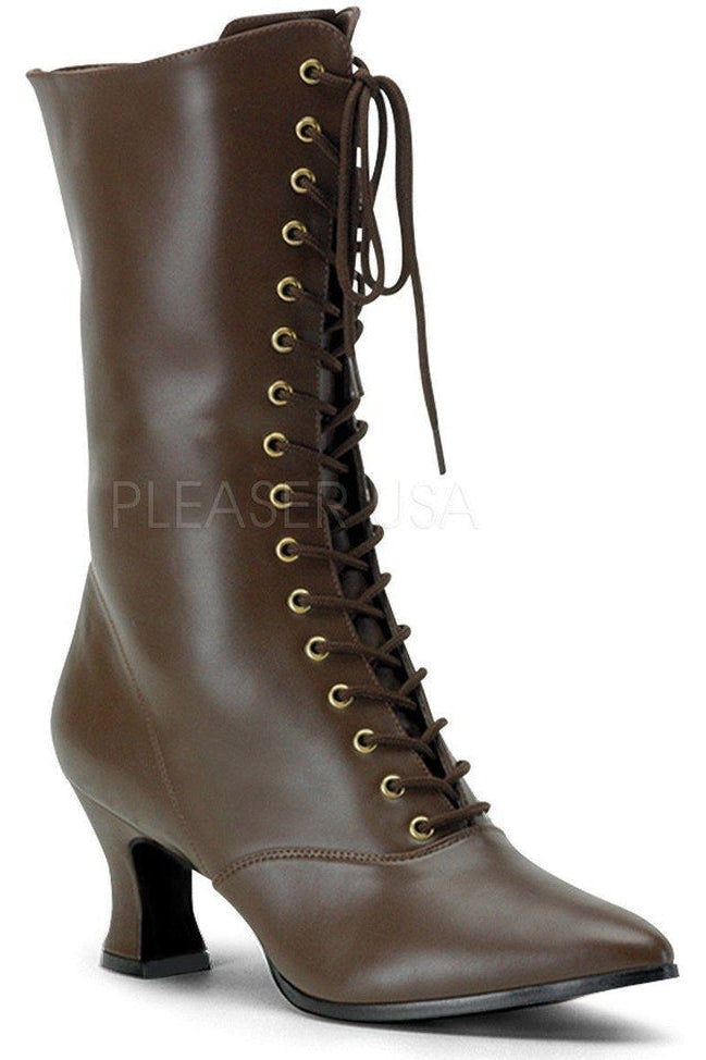 VICTORIAN-120 Ankle Boot | Brown Faux Leather-Funtasma-Brown-Ankle Boots-SEXYSHOES.COM