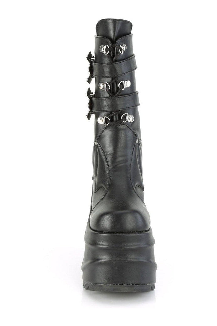 WAVE-150 Knee Boot | Black Faux Leather-Knee Boots-Demonia-SEXYSHOES.COM