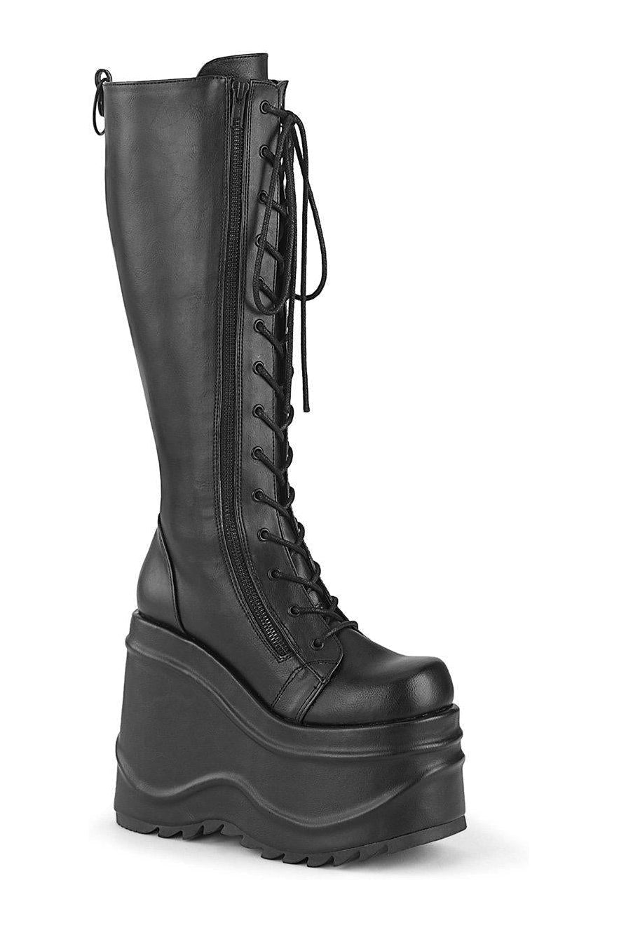 WAVE-200 Knee Boot | Black Faux Leather-Knee Boots-Demonia-SEXYSHOES.COM
