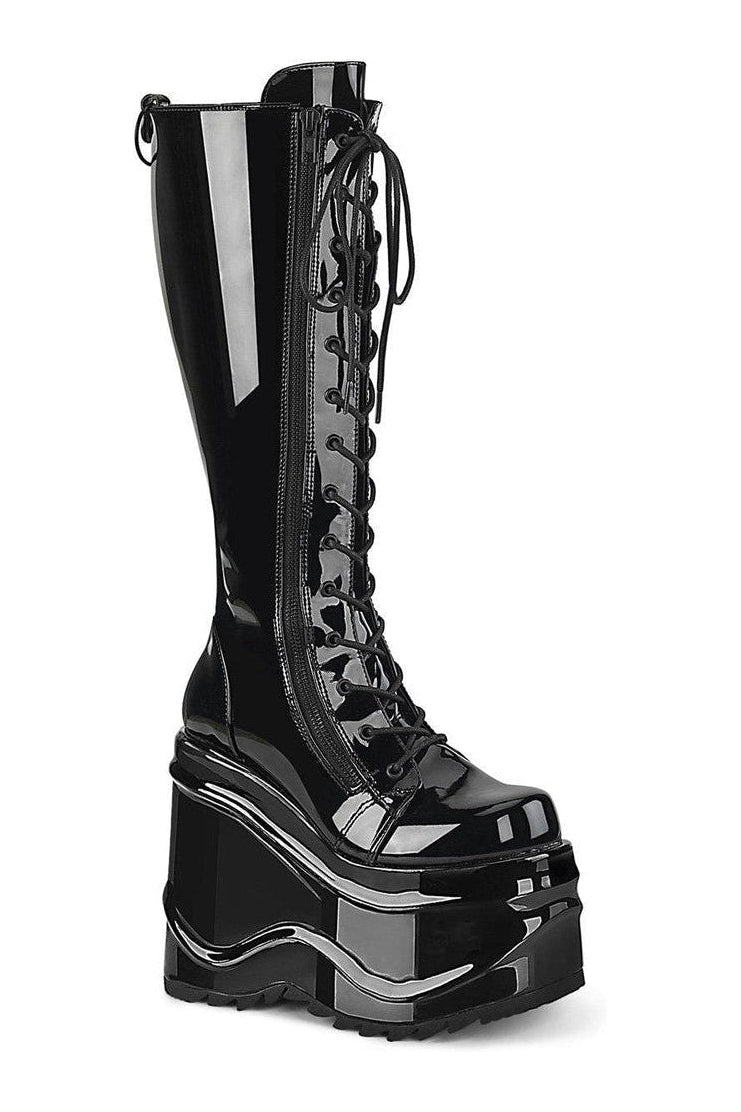 WAVE-200 Knee Boot | Black Patent-Knee Boots-Demonia-SEXYSHOES.COM