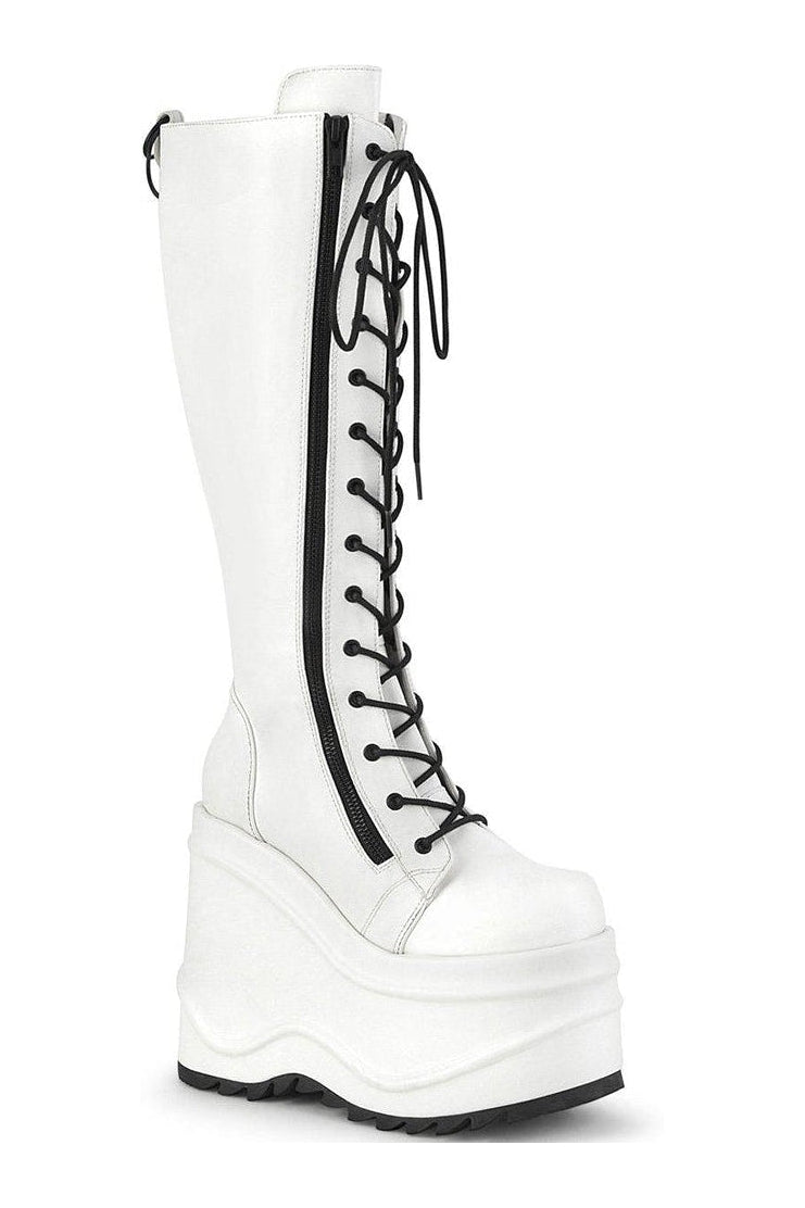 WAVE-200 Knee Boot | White Faux Leather-Knee Boots-Demonia-SEXYSHOES.COM