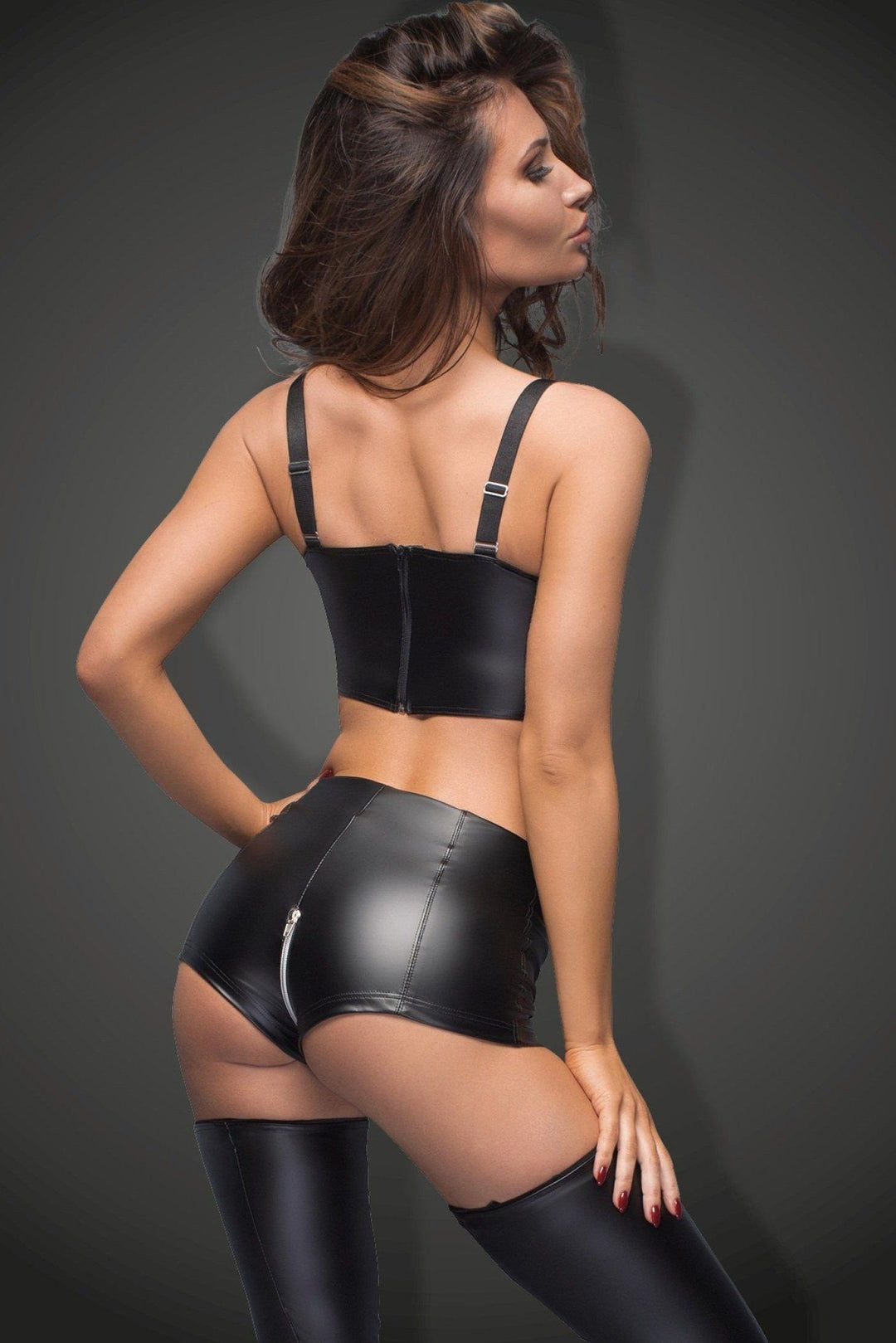 Noir Handmade Wetlook Fetish Shorts wirh Front Zipper in Black Wetlook