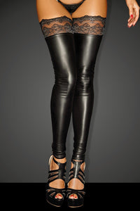 Noir Handmade Wetlook Lace Trimmed Fetish Leggings in Black Wetlook from SexyShoes.com