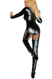 Noir Handmade Wetlook Tull Insert Zippered Catsuit in Black Wetlook